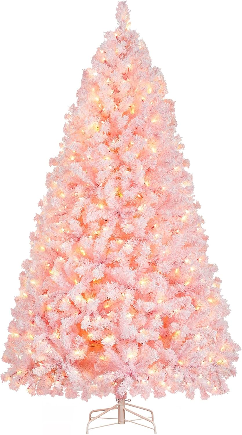 Yaheetech 6ft Snow Flocked Pre-lit Christmas Tree with 250 Warm White Lights, 820 Lush Branch Tips & Quick-Assembly Hinged Design, Full Artificial Xmas Tree for Winter Holiday Décor, Green & White