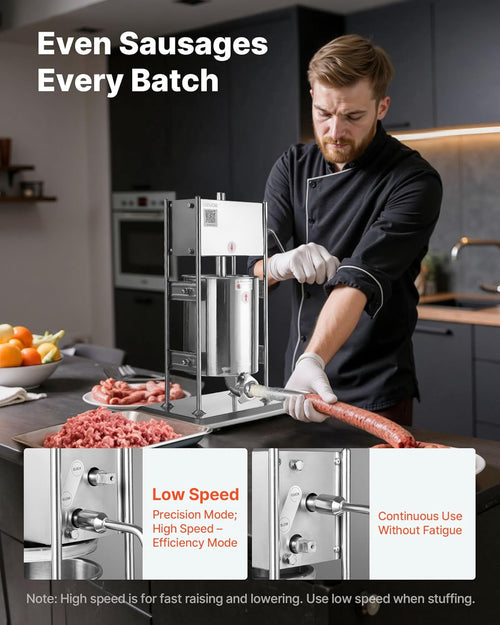 VEVOR Manual Sausage Stuffer, 22 LBS / 10 L Vertical Meat Stuffer, Dual-Speed Sausage Casing Meat Filling Machine, Stainless Steel Heavy Duty Filler with 5 Stuffing Tubes, for Commercial & Home Use