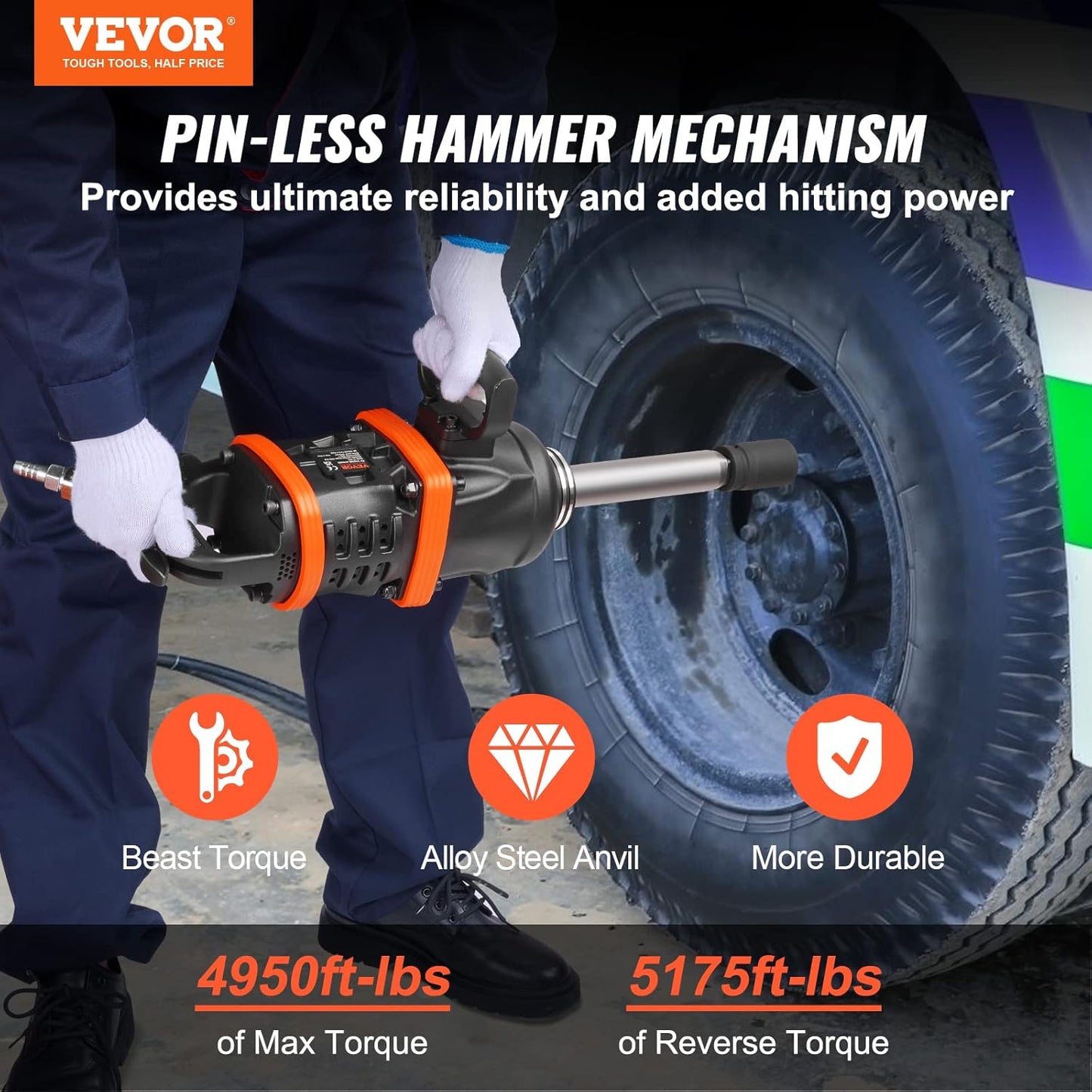 VEVOR 1 Inch Air Impact Wrench, Up to 5175 ft-lbs Beast Reverse Torque Output Pneumatic Impact w/ 8 Inch Anvil for Heavy Duty Machinery/Semi-Truck/Bus