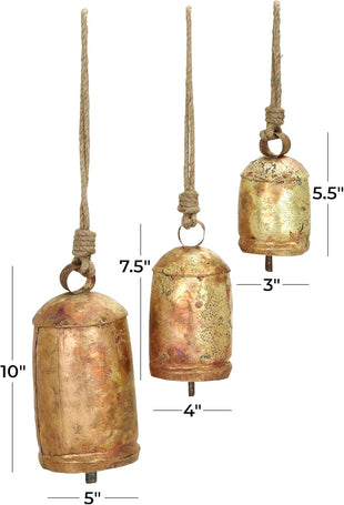 Deco 79 Gold Metal Tibetan Inspired Decorative Giant XL Cow Bells with Jute Hanging Rope, Set of 3 10",8",6"H - Cylindrical