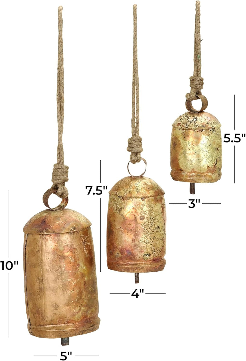 Deco 79 Gold Metal Tibetan Inspired Decorative Giant XL Cow Bells with Jute Hanging Rope, Set of 3 10",8",6"H - Cylindrical