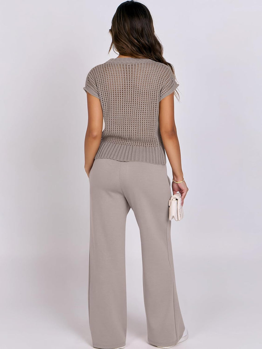 ANRABESS Women Two Piece Outfits Crochet Sheer Knit Sweater Top Wide Leg Pants Lounge Matching Sets Sweatsuit Travel Clothes
