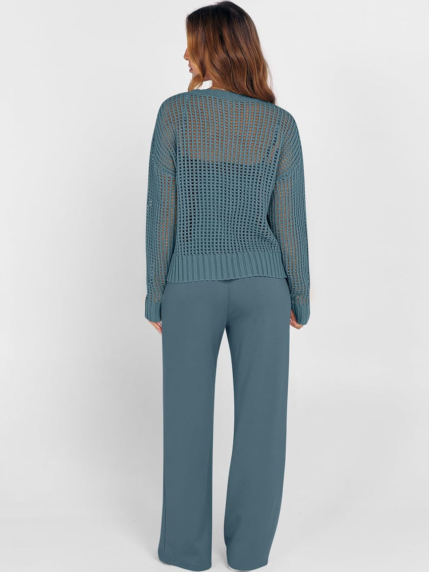 ANRABESS Womens 2 Piece Outfits Crochet Sheer Knit Sweater Top Wide Leg Pants Lounge Sets Sweatsuit 2025 Fall Travel Clothes