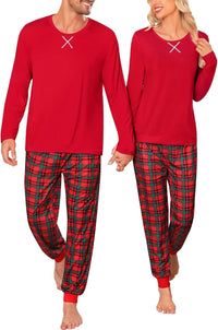 SWOMOG Couples Pajama Sets Women & Men Long Sleeve Sleepwear Top Plaid Pants Loungewear Set with Pockets