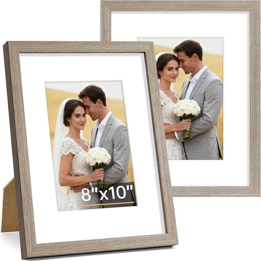 Vittanly 8x10 Picture Frame Set of 2, Solid Wood Frame for Wall or Tabletop, Display Photo 5x7 with Mat or 8x10 without Mat, Natural