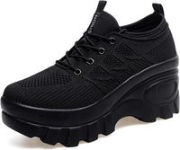 Women's Chunky Platform Comfort Orthopedic Wedge Walking Shoes Fashion Knitted Breathable Lace Up Lug Sole Casual Non-Slip Running Shoes with Arch Support