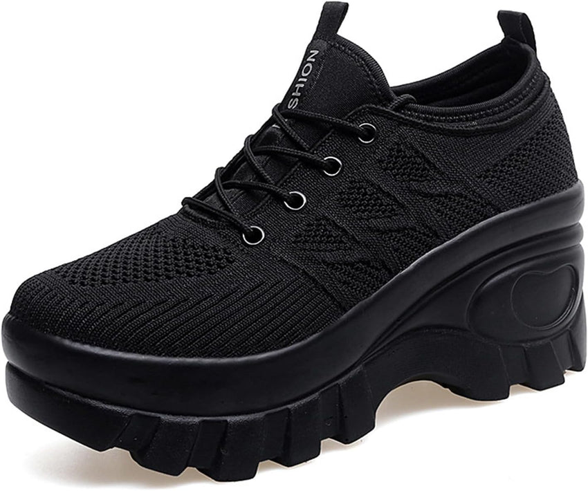 Women's Chunky Platform Comfort Orthopedic Wedge Walking Shoes Fashion Knitted Breathable Lace Up Lug Sole Casual Non-Slip Running Shoes with Arch Support
