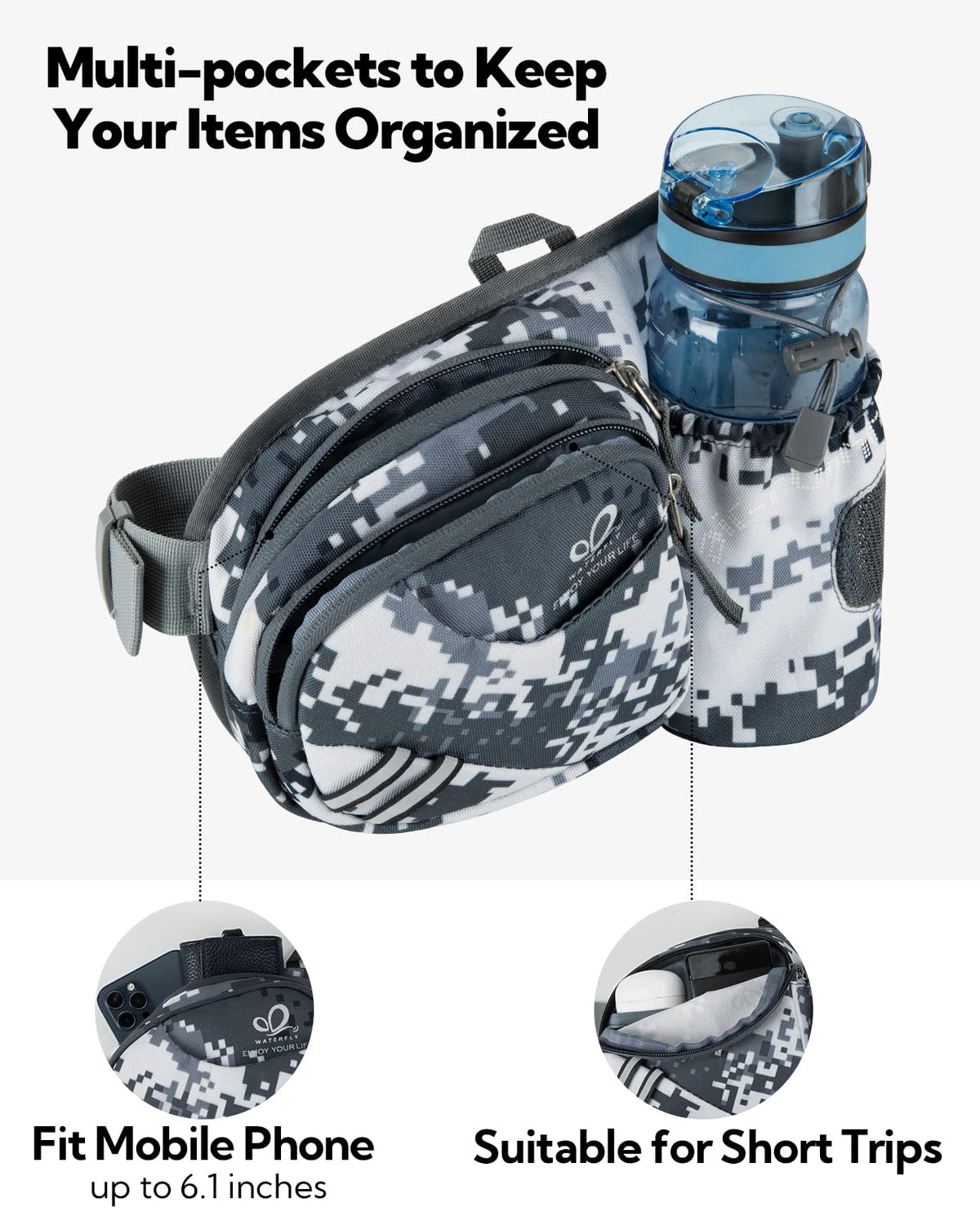WATERFLY Fanny Pack Waist Bag: Waist Pack for Women Men with Water Bottle Holder Hiking Fanny Pack for Running Walking DogWalking Travel Cycling