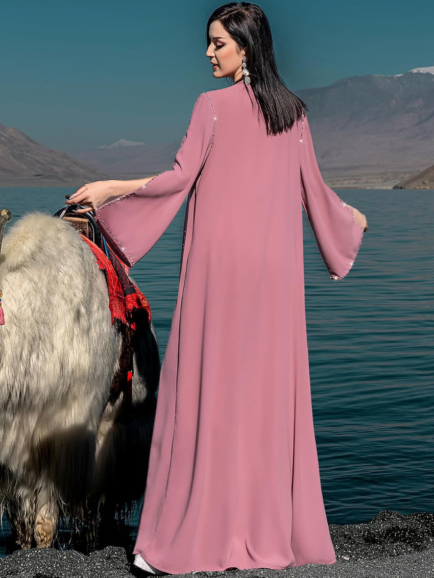 Elegant Beaded Abaya Robe, Open Front Long Sleeve Maxi Outerwear, Modest Cover-Up with Crystal Trim, NO INNER, Pink