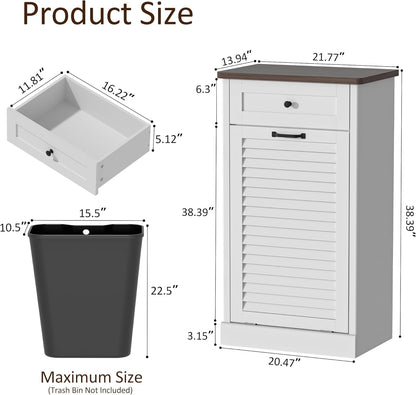 Spurgehom Tilt Out Trash Cabinet,13 Gallon Louvered Door Laundry Hamper Cabinet with Hideaway Drawers,Freestanding Garbage Can Cabinets for Kitchen & Living Room,White