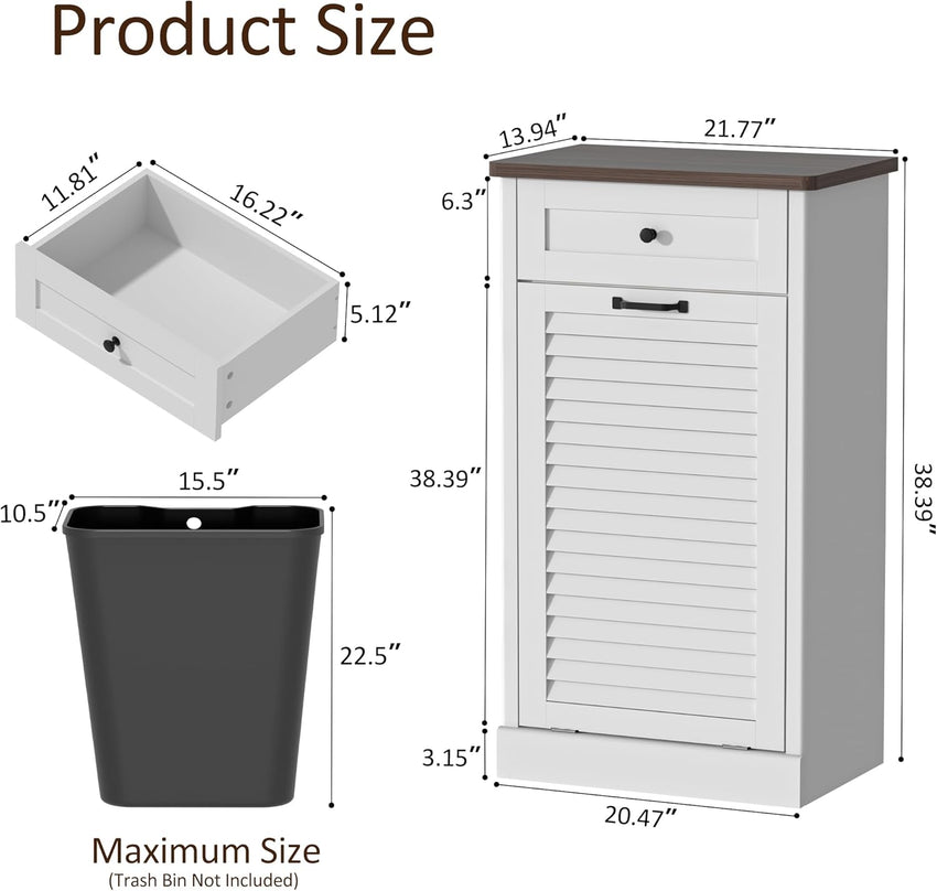 Spurgehom Tilt Out Trash Cabinet,13 Gallon Louvered Door Laundry Hamper Cabinet with Hideaway Drawers,Freestanding Garbage Can Cabinets for Kitchen & Living Room,White