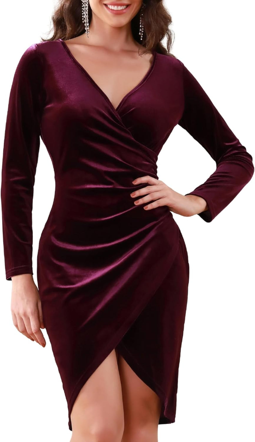 Aphratti Women's Velvet Dress Long Sleeve Wrap V Neck Split Ruched Bodycon Cocktail Party Fall Dresses for Wedding Guest 2025