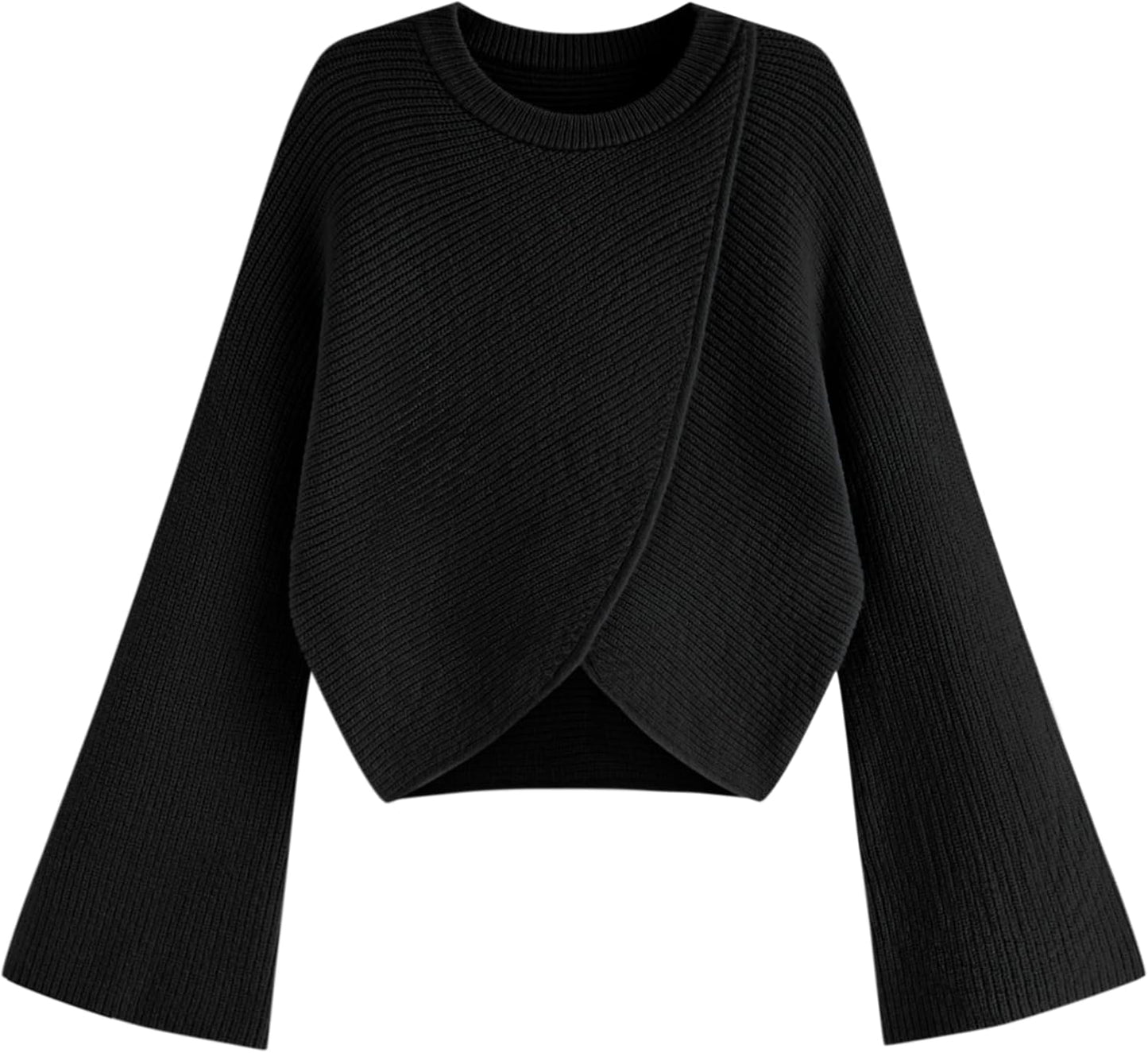 CIDER Cropped Sweaters for Women Trendy Wrap Sweater Bell Sleeve Ribbed Knit Pullover Sweater Fall Outfits
