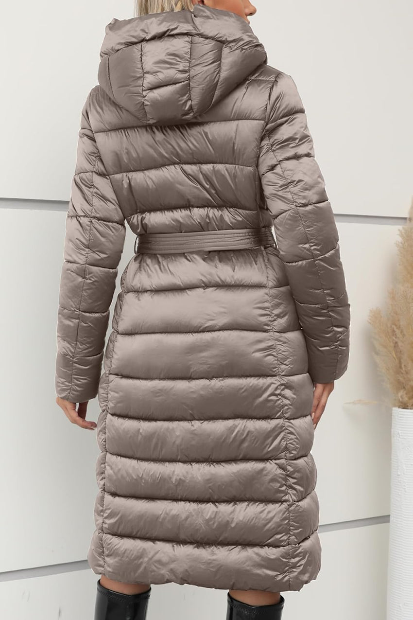 Bellivera Women's Puffer Jacket Lightweight Quilted Hooded Long Down Alternative Coat with Belt
