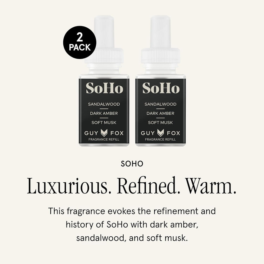 Pura & Guy Fox Home Scent Refill - Smart Air Diffuser - Up to 120-Hours of Luxury Fragrance per Refill - Home Essential - Clean & Safe Diffuser Fragrance - 2 Pack, SoHo