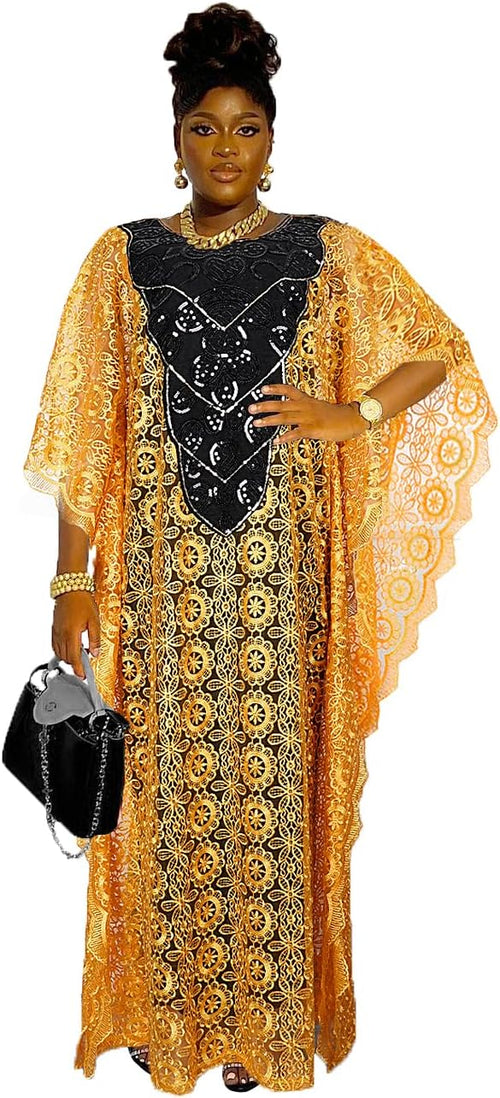 HD Womens African Lace Kaftan Dress Embroidery V Neck Evening Party Gown One Size with Matching Headwrap