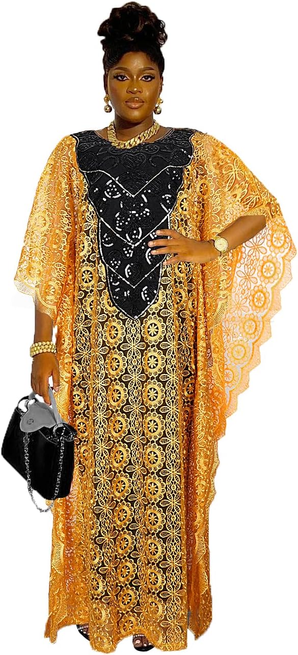 HD Womens African Lace Kaftan Dress Embroidery V Neck Evening Party Gown One Size with Matching Headwrap