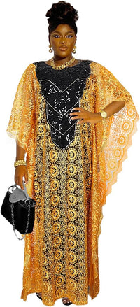 HD Womens African Lace Kaftan Dress Embroidery V Neck Evening Party Gown One Size with Matching Headwrap