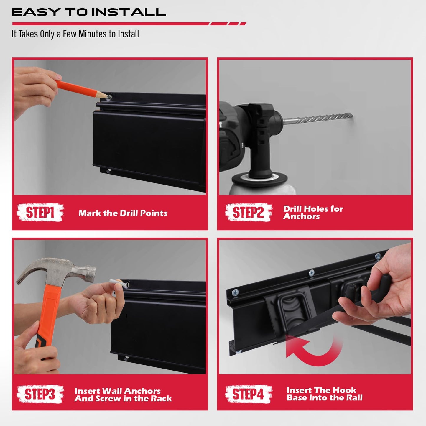 48" Heavy Duty Garage Wall Organizer, Wall Mount Tool Storage Rack with Adjustable Hooks, Garden Tool Organizer Hold Up to 300lbs, Easy Installation (3 Panels, 8 Hooks, 3 Straps)