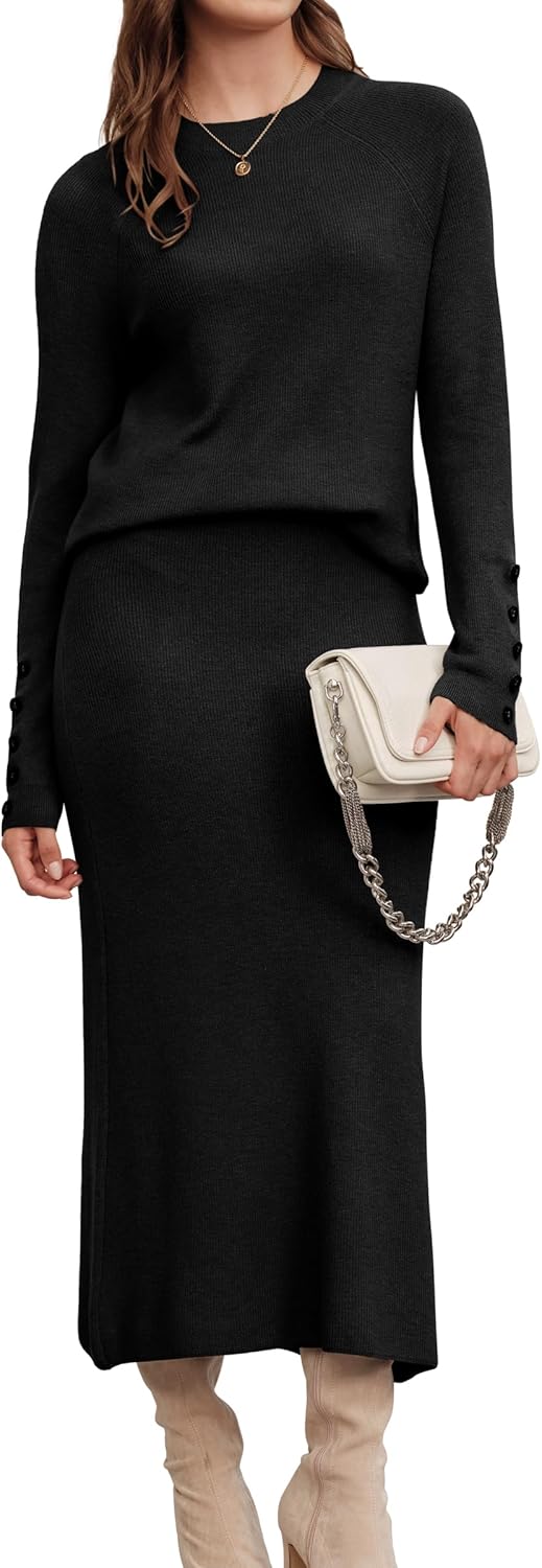 Arach&Cloz Women's Wool Blend Sweater 2 Piece Sets Winter Business Long Sleeve Top Midi Skirts Outfits 2025