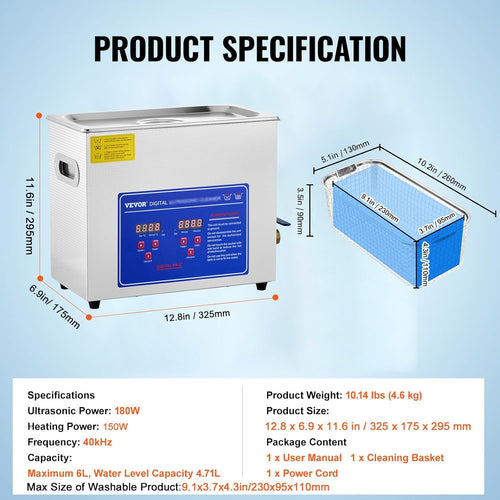 VEVOR Commercial Ultrasonic Cleaner 6L Professional Ultrasonic Cleaner 40kHz with Digital Timer&Heater 110V Excellent Cleaning Machine for Watch Instruments Industrial Parts Excellent Cleaner Solution