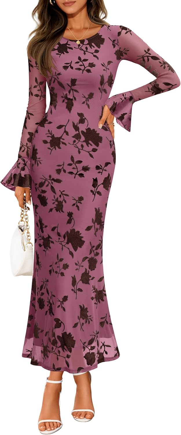 ZESICA Women's 2025 Bell Long Sleeve Floral Maxi Dress Fall Fashion Bodycon Mesh Wedding Guest Cocktail Party Dresses