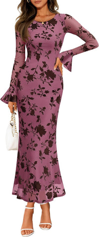 ZESICA Women's 2025 Bell Long Sleeve Floral Maxi Dress Fall Fashion Bodycon Mesh Wedding Guest Cocktail Party Dresses