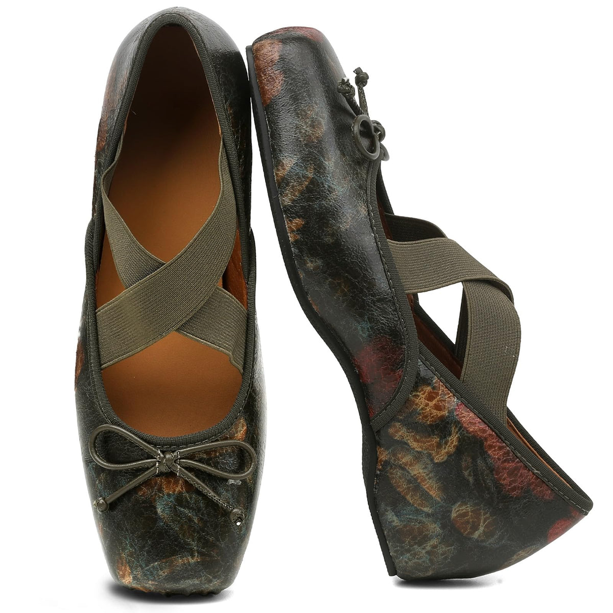 Women's Ballet Flats Square Toe Criss Cross Straps with Bow Low Wedge Shoes