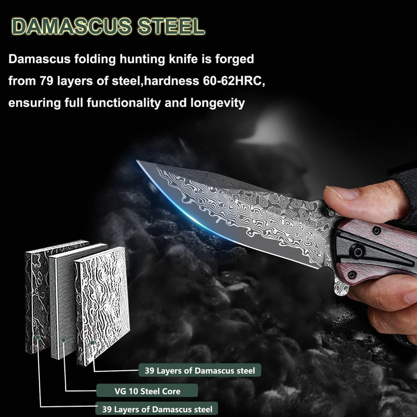 Damascus Pocket Knife for Men, Folding Knife Outdoor Tactical Knives for Hunting Fishing Camping, 3.7" Handmade Damascus Steel Blade, Liner Lock, Christmas Gifts for Men Women Dad Husband Boyfriend