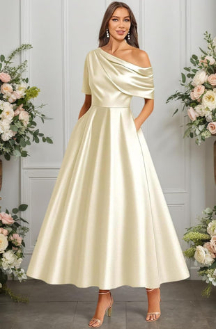 Tea Length Mother of Bride Dresses for Women Satin One Shoulder Wedding Guest Dress Formal Evening Party Gown with Pocket