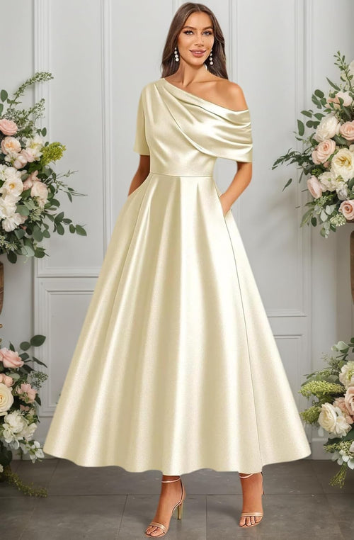 Tea Length Mother of Bride Dresses for Women Satin One Shoulder Wedding Guest Dress Formal Evening Party Gown with Pocket