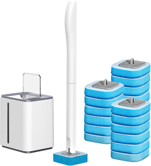Disposable Toilet Bowl Brush and Holder with 18 pcs Refills Sponges Pad Replacement Cleaner Brush Heads Standing Toilet Brush Storage Caddy for Bathroom Deep Cleaning