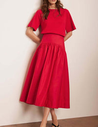 Bozanly Summer Two Piece Outfits Skirts Set for Women Crewneck Short Sleeve Tee and Midi Skirt Sets Dresses