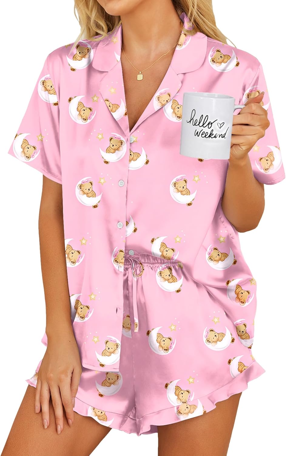 Ekouaer Womens Satin Pajamas Set Button Down 2 Piece Silk Pjs Shorts Set Ruffle Lingerie Notch Collar Sleepwear