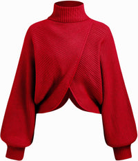 CIDER Cropped Sweaters for Women Turtleneck Sweater Long Sleeve Ribbed Knit Lantern Sleeve Pullover Fall Outfits