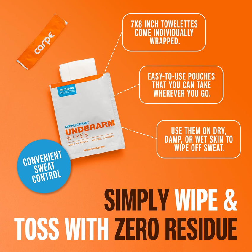 Carpe Antiperspirant Underarm Wipes for Sweat Blocking, Deodorizing, and Cleansing When You’re On the Move - 15 Residue Free, Individually Wrapped Wipes - Clean and Refreshing Scent