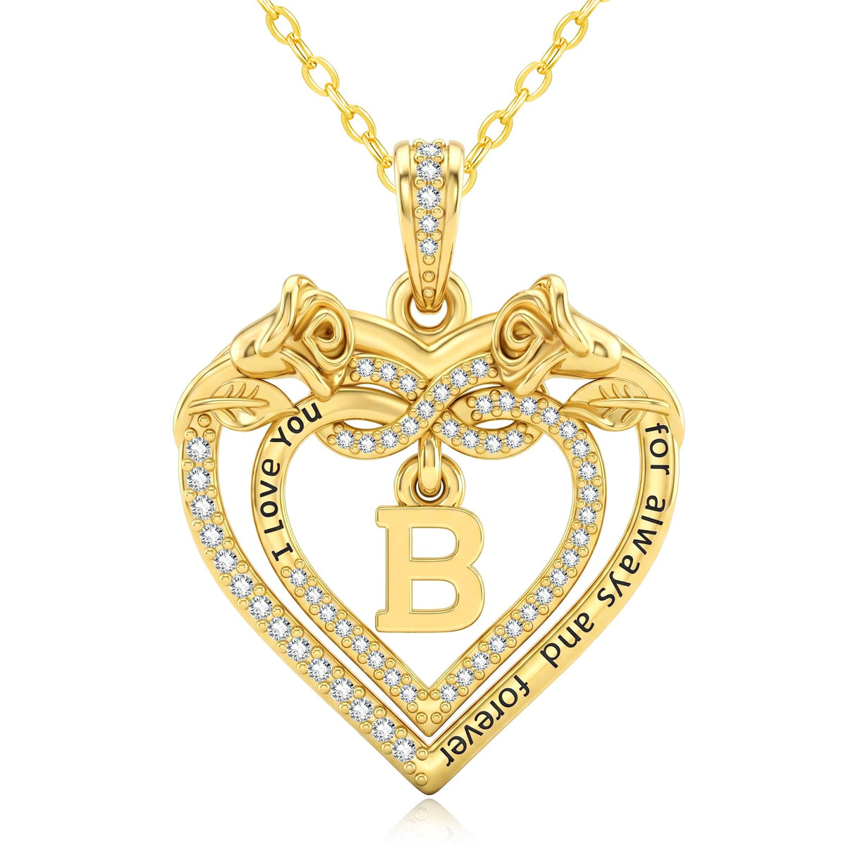 Uncle LOL Jewelry — 14K Gold Initial Letter Rose Heart Pendant Necklace for Women, Anniversary Birthday Jewelry Gifts for Wife Mom Grandma Sister Daughter, I Love You for Always And Forever
