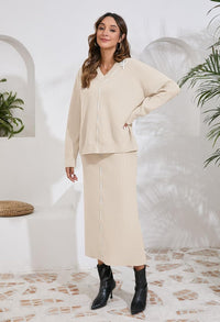 Pink Queen 2025 Women's 2 Piece Sweater Set V Neck Rib Knit Long Sleeve Maxi Bodycon Skirt Casual Outfits