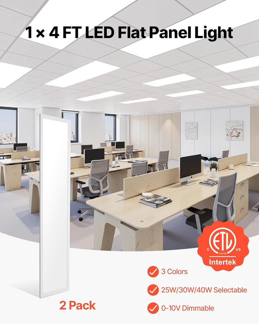VEVOR 1x4 FT LED Flat Panel Light, 5700 LM, Flush Mount LED Drop Ceiling Lighting Fixture with 3 Color Selectable 3000K/4000K/5000K, 25W/30W/40W, 0-10V Dimmable, Ultra Slim for Home Kitchen, 2 Pack