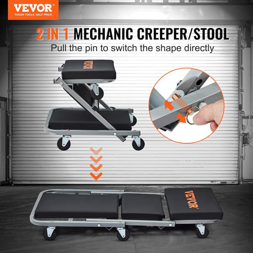 VEVOR Mechanic Creeper, Garage Gift, 36" Z Creeper Seat, 2 in 1 Mechanic Gifts, 300 lbs Capacity, Low Profile Creeper with 6 pcs Wheels in Garage/Shop for Fathers Day Tool Gift