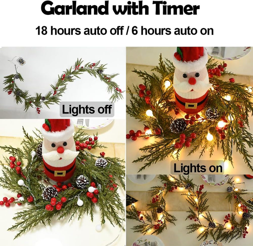Christmas Garland 6FT 20 LED Bulbs Cypress Pine Garland with Lights Battery Operated with Timer Bells Red Berries Pinecones Green Garlands Decoration for Xmas Holiday Thanksgiving New Year Home Decor