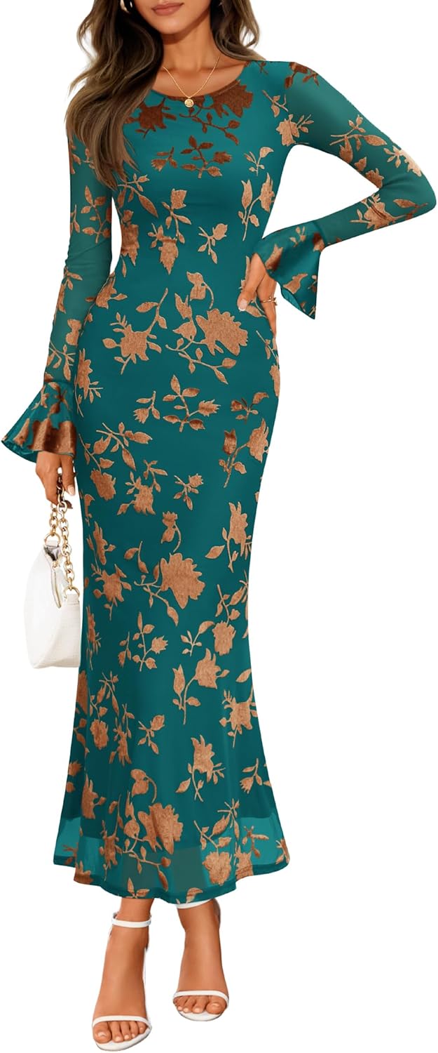 ZESICA Women's 2025 Bell Long Sleeve Floral Maxi Dress Fall Fashion Bodycon Mesh Wedding Guest Cocktail Party Dresses