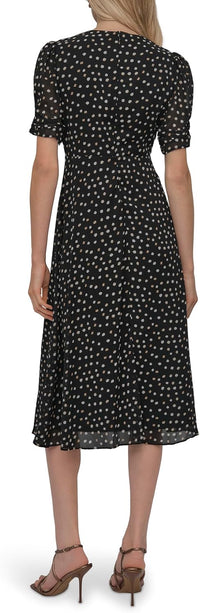 DKNY Women's Short Sleeve Button Front Fit & Flare Midi Dress