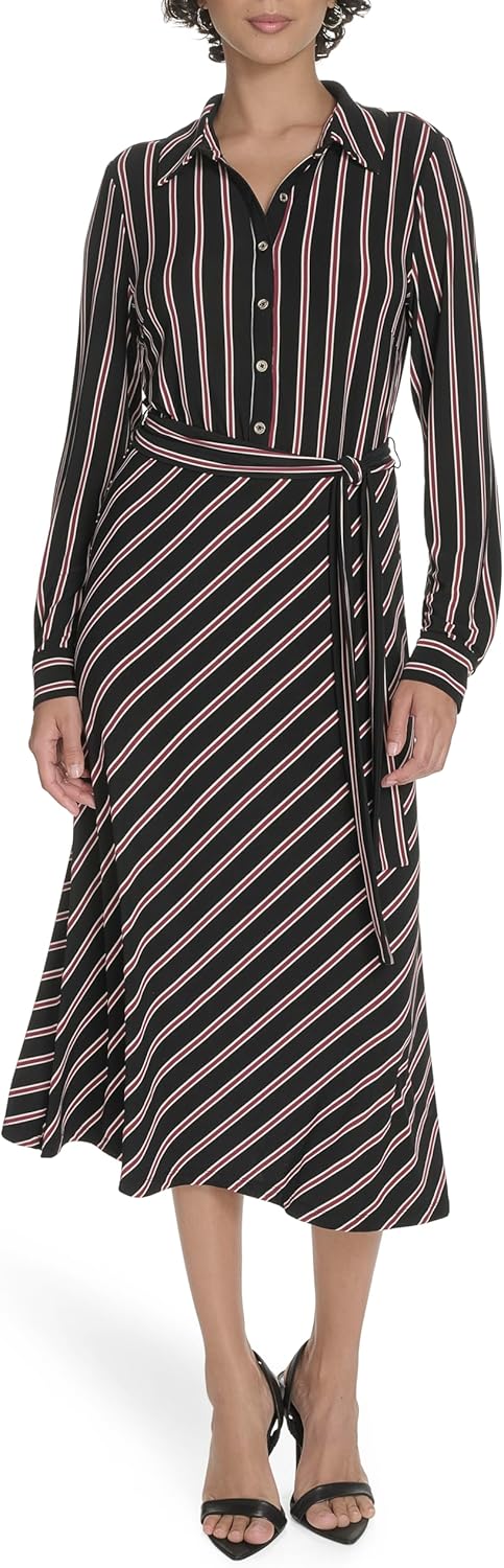 Tommy Hilfiger Women's Long Sleeve Collared Self Tie Midi Shirtdress