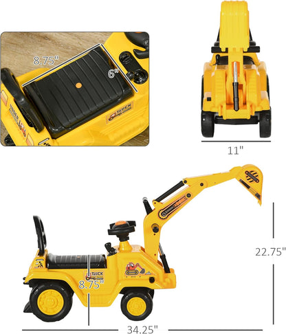 HOMCOM Ride On Excavator Pull Cart, Kids Digger Ride on Truck with Horn, Under Seat Storage, Sit and Scoot Pretend Play Toy Construction Car for Ages 18-48 Months