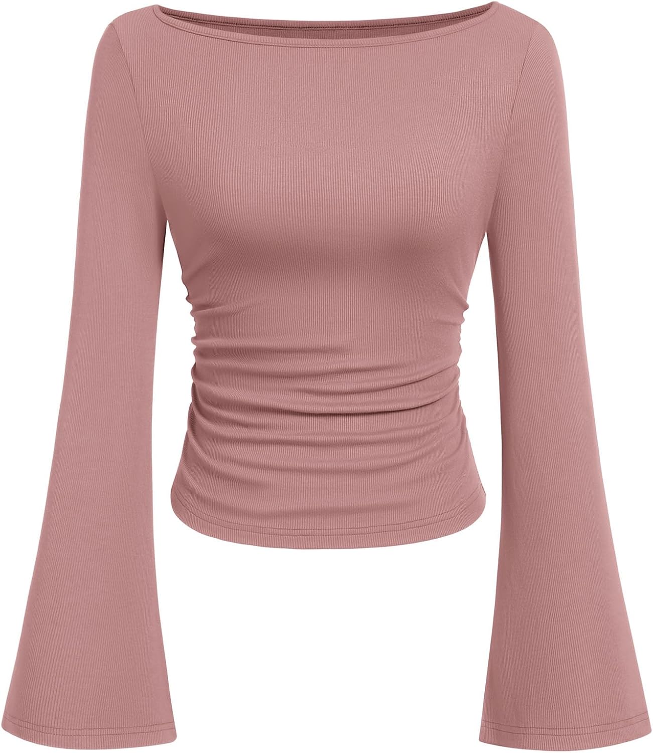 7DAY'S Women's Long Sleeve Shirts 2025 Fall Crop Going Out Tops Casual Boat Neck Bell Sleeve Ribbed Ruched Y2K Clothes