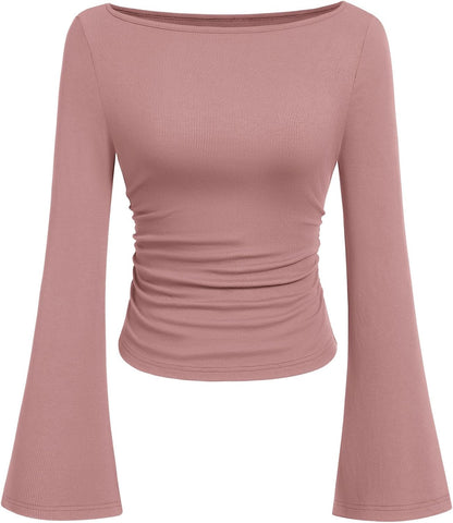 7DAY'S Women's Long Sleeve Shirts 2025 Fall Crop Going Out Tops Casual Boat Neck Bell Sleeve Ribbed Ruched Y2K Clothes