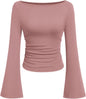 7DAY'S Women's Long Sleeve Shirts 2025 Fall Crop Going Out Tops Casual Boat Neck Bell Sleeve Ribbed Ruched Y2K Clothes