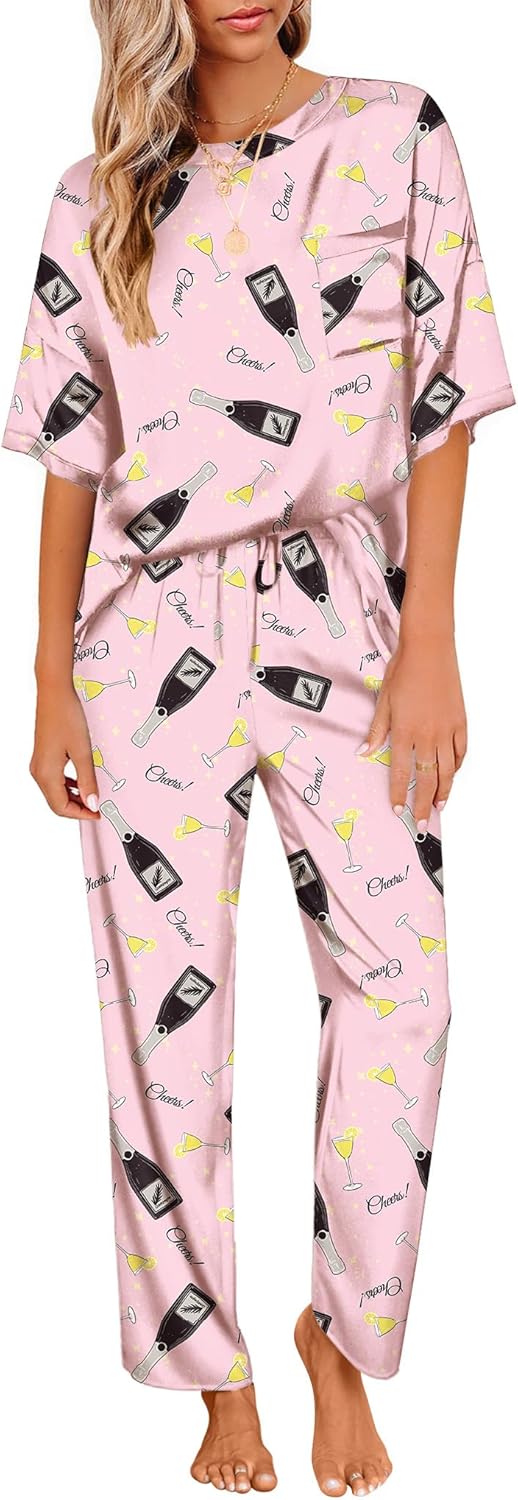 Ekouaer Womens Satin Silky Pajama Set Short Sleeve Shirt with Long Pajama Pant Set Soft PJ Loungewear