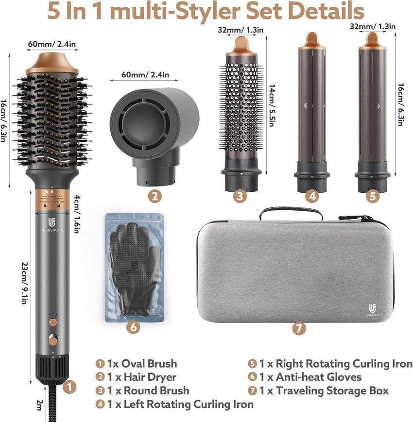 Hair Dryer Brush, webeauty 5 in 1 Professional Hot Air Styling, High-Speed Negative Ionic Hair Dryer Fast Drying, Multi Hair Styler with Air Curling Iron, Volumizing, with Carrying Case (Grey Gold)